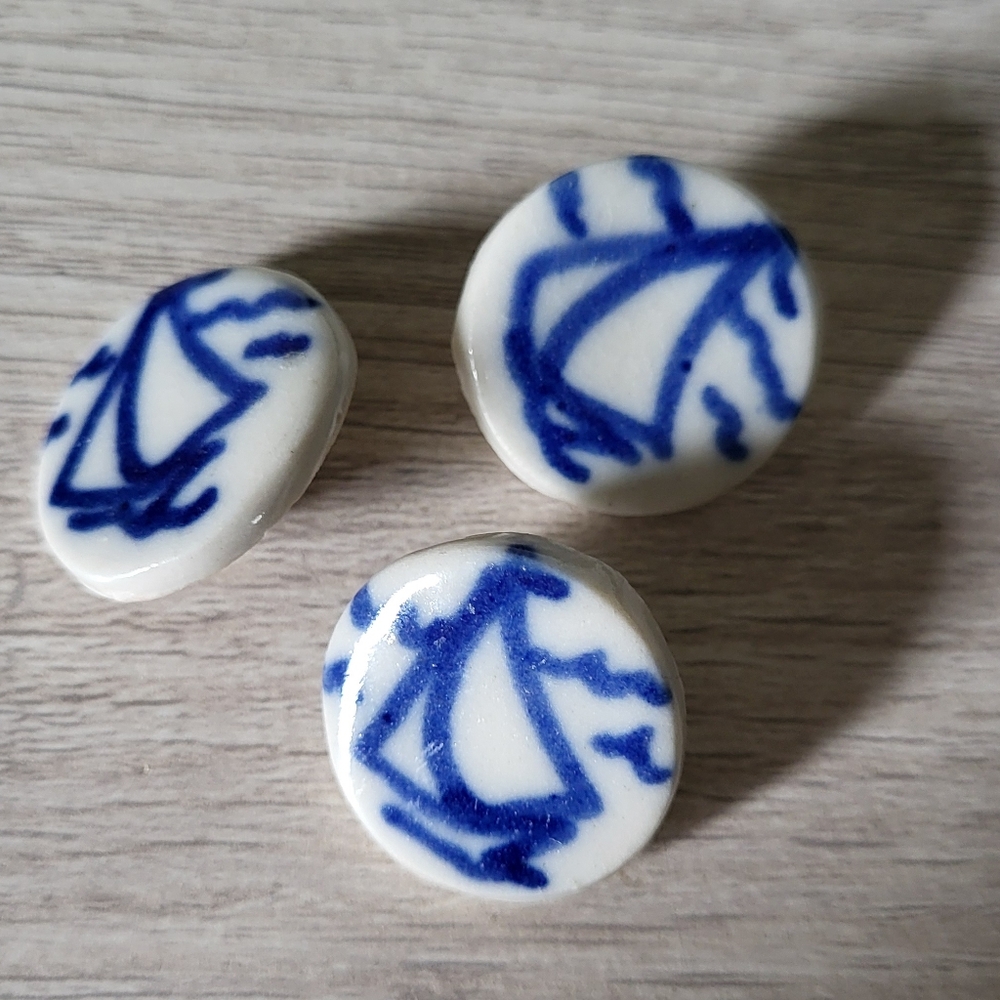 Vintage Artisan Handmade Handpainted Round Sailboat Nautical Blue White Buttons